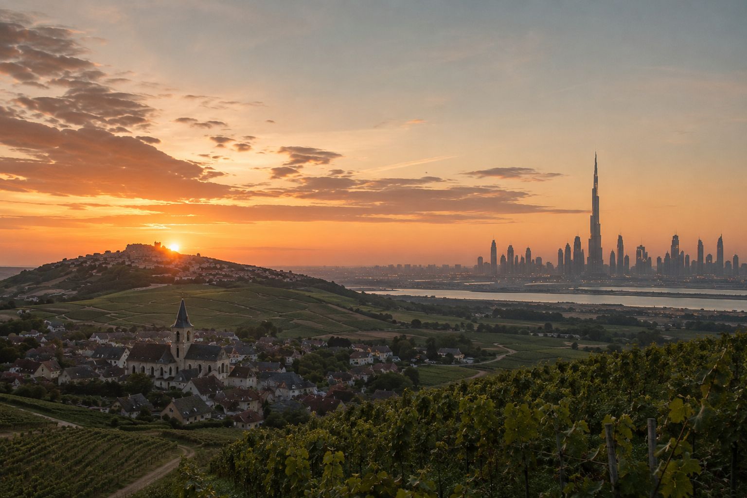 Vue de Sancerre au coucher du soleil et de la silhouette de Dubaï à l'horizon